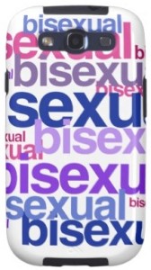 Illustration of a smartphone with cover that reads the word bisexual numerous times in the three bi pride colours pink, purple and blue.