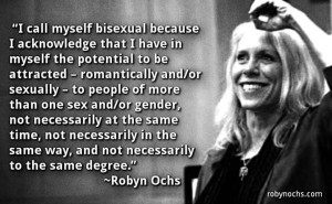 Text quote 'I call myself bisexual because I acknowledge that I have in myself the potential to be attracted – romantically and/or sexually – to people of more than one sex and/or gender, not necessarily at the same time, not necessarily in the same way, and not necessarily to the same degree.'