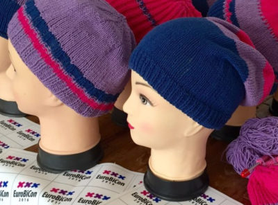 Photo Bi Pride beanies by Connie van Gils for the EuroBiCon Market